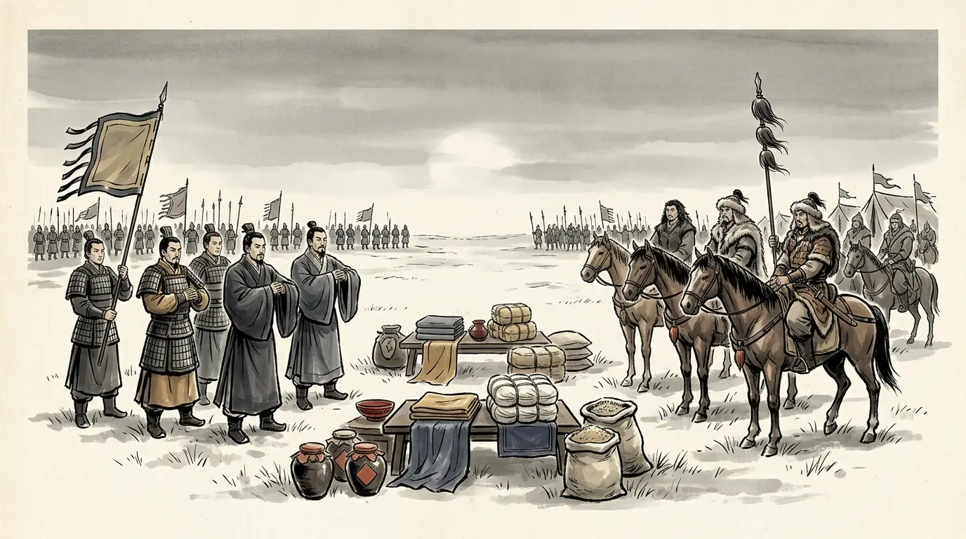 Panel 13: So the settlement was: a bride of the blood, a yearly delivery of silk floss and silk cloth, wine, grain and food in fixed amounts, and two courts sworn as brothers. The raids did not stop; they stopped being a war.