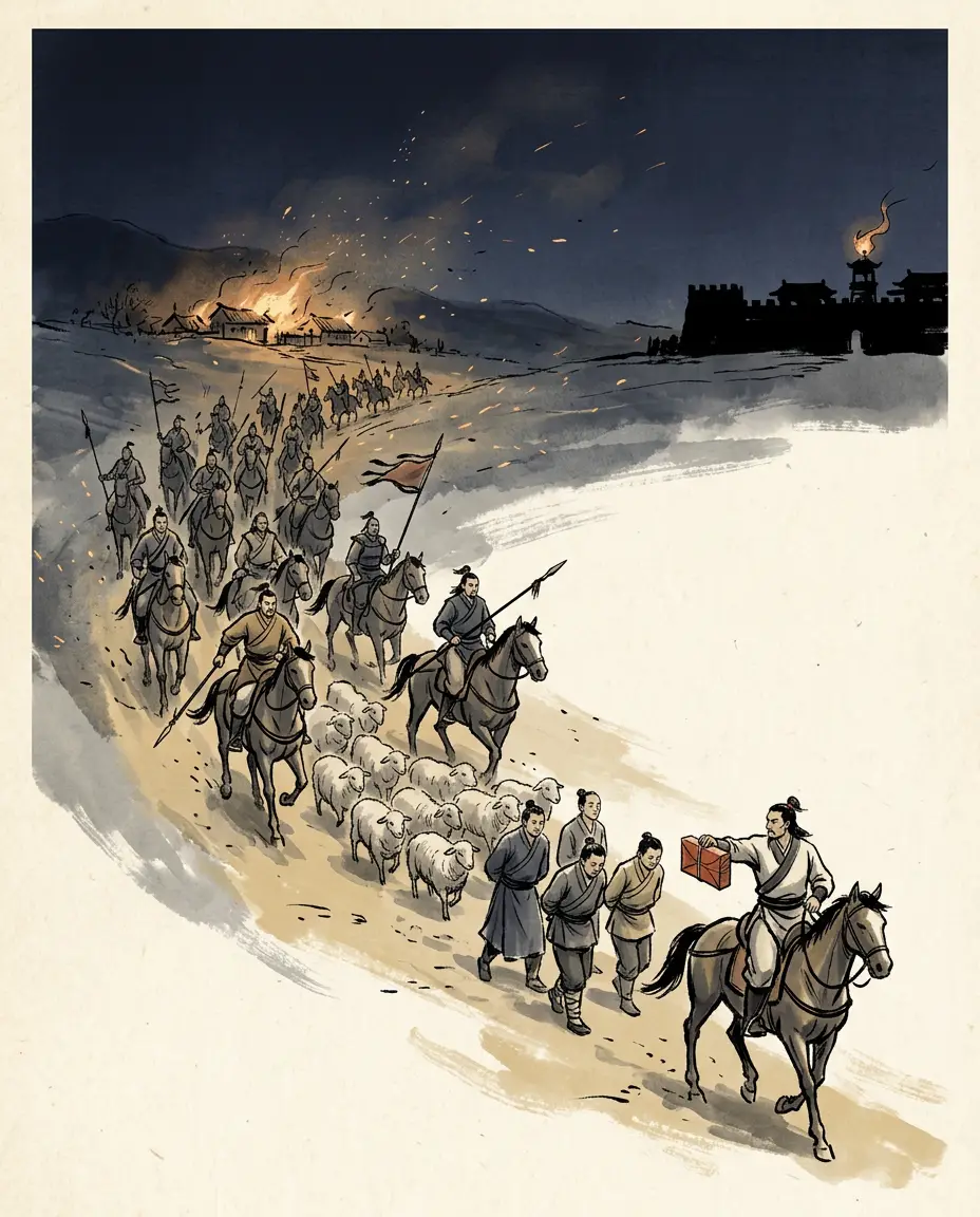 Panel 14: The pact did not stop the north from knowing what the south was doing. Han Xin led Xiongnu horse on the frontier for five more years; Wang Huang and Zhao Li broke the oath again and again; the revolt of Chen Xi was made with them; and an envoy the king of Yan sent to the Xiongnu stayed there and worked for them.