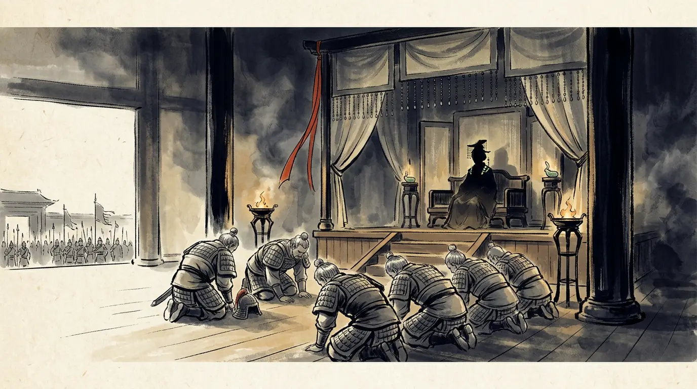 Panel 15: Two decades later the Chanyu sent the empress-dowager a letter she took as an insult, and she answered it with a plan to ride out and punish him. It was stopped with one sentence: the able and warlike Emperor Gao had still been caught at Pingcheng.
