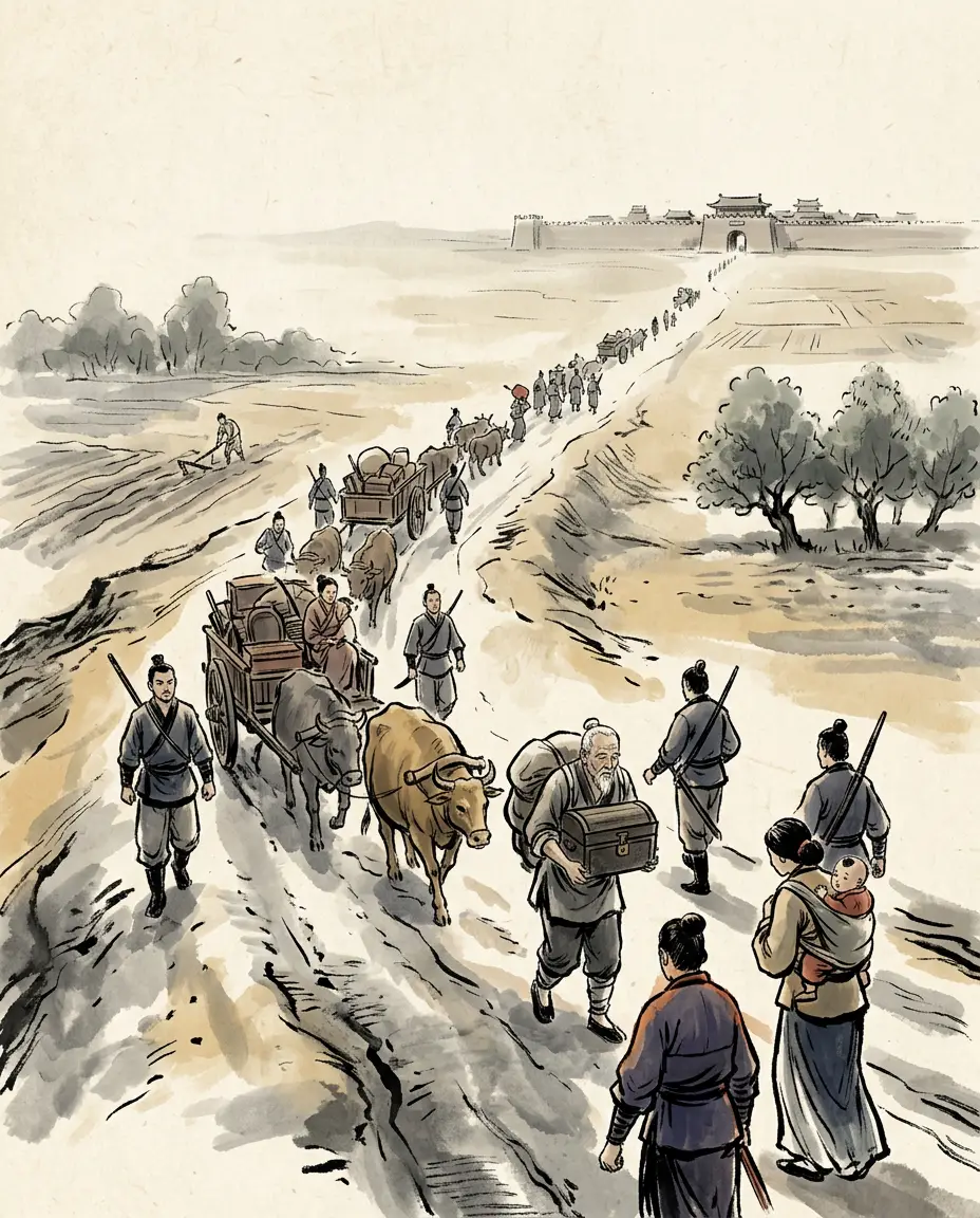 Panel 16: The man who wrote the northern settlement wrote a southern one too. Move the old royal houses of the six kingdoms, and every locally powerful family, inside the Wei valley: the record counts over a hundred thousand people. Against the Hu it was a reserve. Against the lords it was a leash.