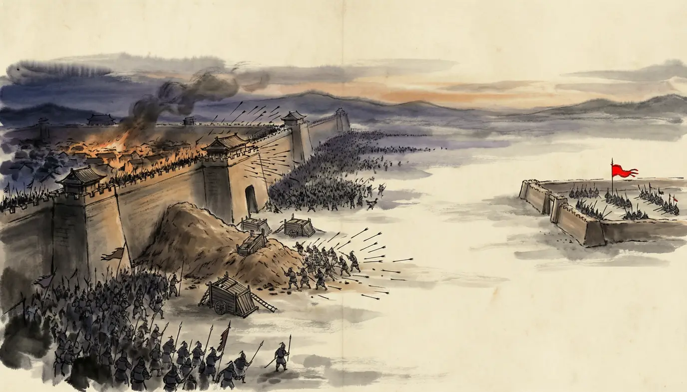 A rebel host in dark banners filling the ground before a great rammed-earth city at dusk, siege walls and mantlets pushed against the lower town, smoke rising along the wall-head, and in the far distance across the open plain a second, silent camp with its ramparts unfinished and no smoke at all