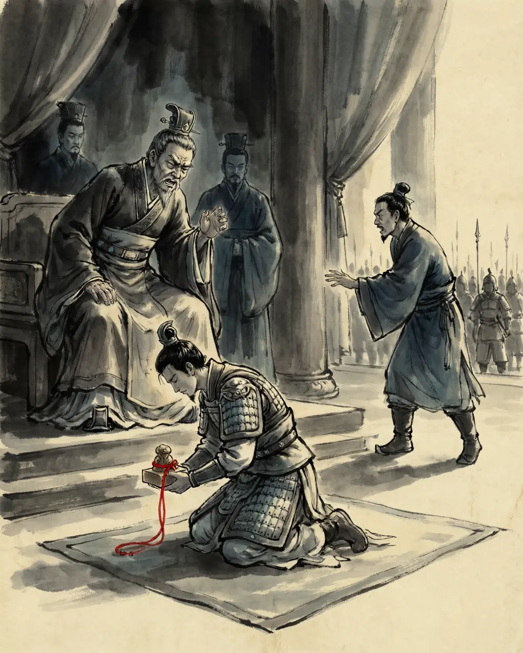 Panel 02: The rebel was sixty-two when he rose, and had been put in his place by the man his father had failed. His father, the founder's elder brother, had been set on the northern frontier, had run from it when the Xiongnu came, and had been made a marquis for his trouble. The son was made a king instead, at twenty, over three commanderies and fifty-three cities.