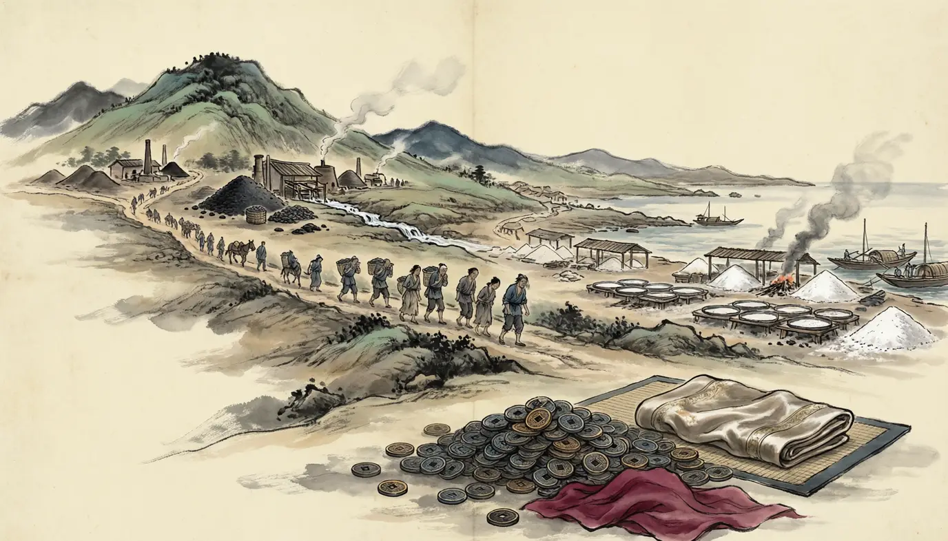 Panel 03: Wu paid for it out of its own ground. Copper hills and seawater: runaways drawn in to mine and coin it, the sea boiled for salt, and no land tax taken from his own people for a generation. Men of note were rewarded year by year and every fugitive from another kingdom was refused back.