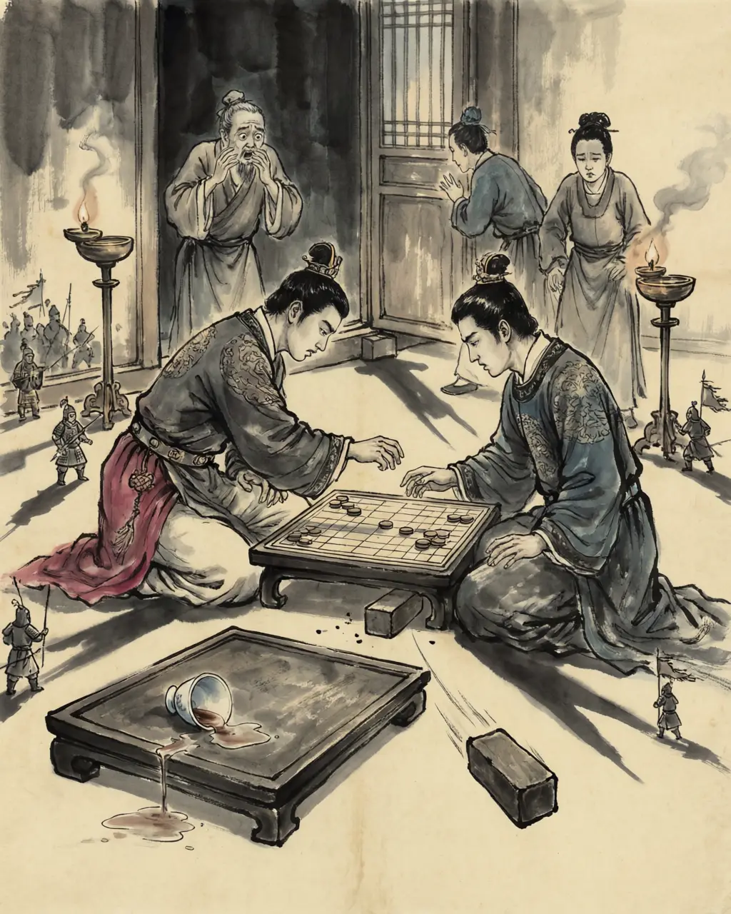 Panel 04: The quarrel that made the war was a board game. The heir of Wu, lodging at court, played a betting game with the heir of Han; his tutors were Chu men, his manners had never been corrected; the imperial prince picked up the board and threw it, and killed him.
