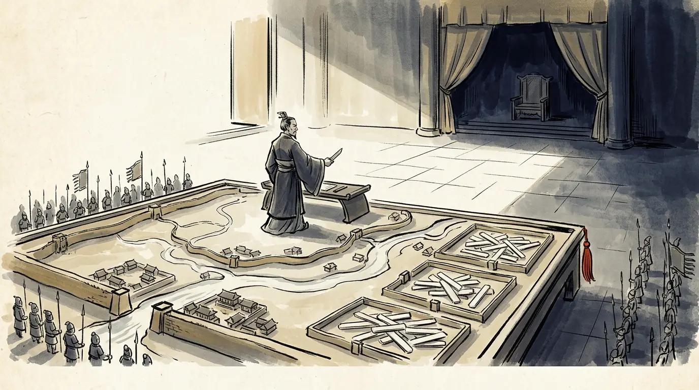 Panel 05: Chao Cuo had told the late emperor for years that Wu could be cut, and had been listened to and not used. Under the new one he was Censor-in-chief, and he put the case in a form nobody could argue with: three of the great fiefs held half the empire.