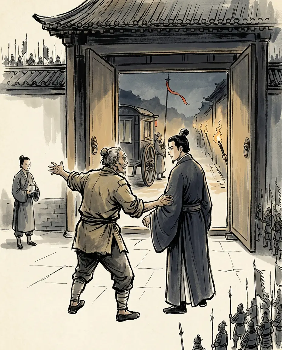 Panel 06: The cuts came in pieces, one fief at a time, each with a charge attached: a commandery from Chu for the king's conduct during a mourning period, two commanderies from Wu, a commandery from Zhao, six counties from Jiaoxi for the titles it had been selling. Then an old man arrived from Yingchuan to tell his son what everyone in the empire was saying about him.