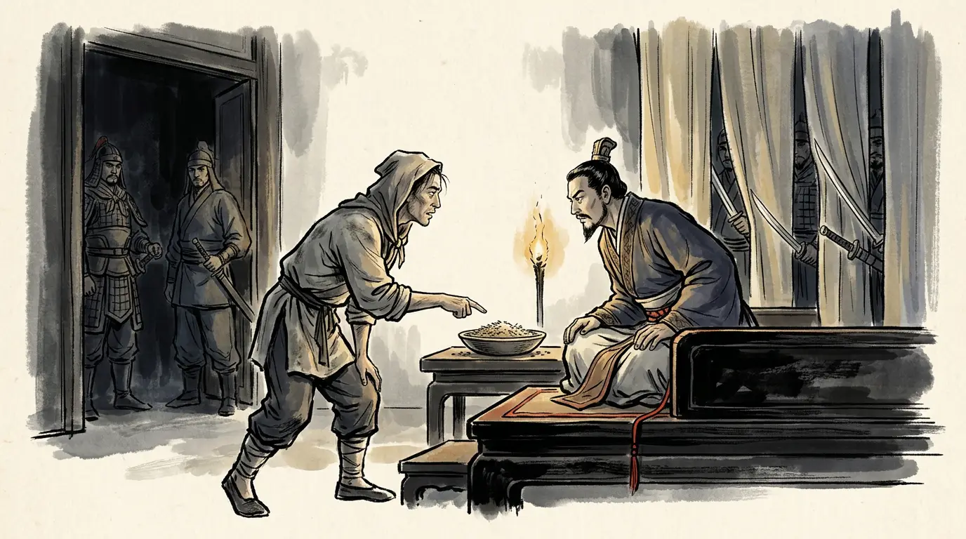 Panel 07: It was agreed by word of mouth, with no document. A Jiaoxi envoy of the king of Wu brought a proverb out of the streets — lick the chaff and you get to the rice — and an offer: strike west together, and the two lords will divide the empire.