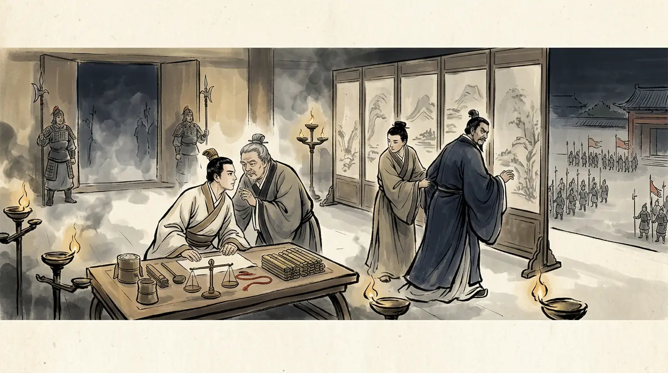 Panel 09: The emperor was in his hall counting grain with his minister when the man he had warned about the king of Wu was fetched in. The answer he got was that Wu had no able men at all, and that the whole business was the work of runaway coiners — and that it would be over shortly.