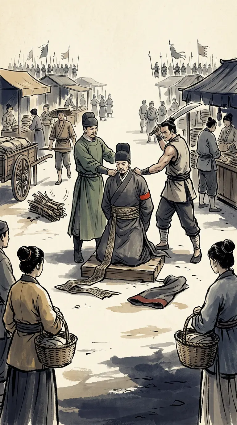 Panel 10: Ten-odd days later the Commandant of the Capital sent for the Censor-in-chief with a carriage, on the pretext of a meeting. Chao Cuo did not know. Still dressed in his court robes, he was driven to the East Market and cut in half there.