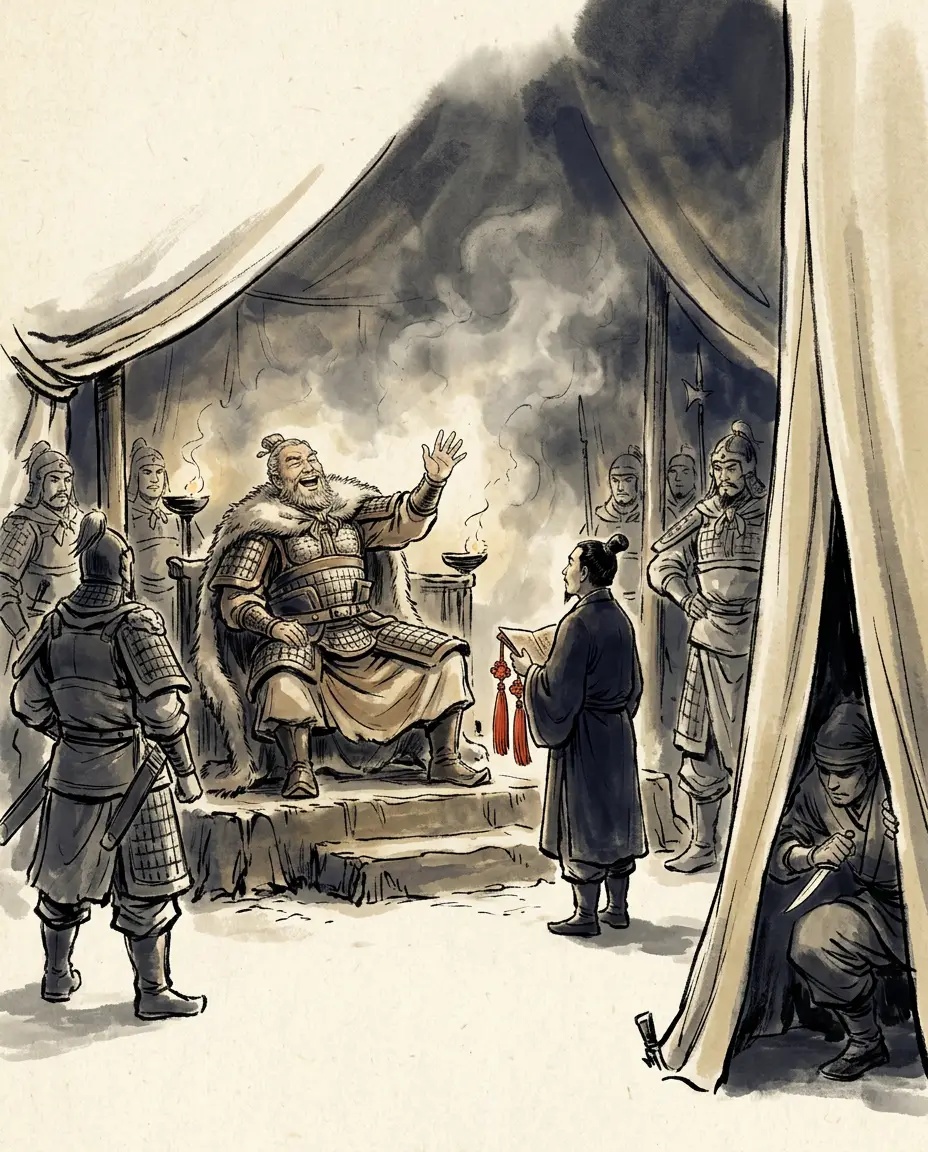 Panel 11: A kinsman of the king of Wu was sent in first, to get him to kneel and take the pardon. Liu Pi laughed and said he was already the Emperor of the East, and kept the envoy in camp under guard, intending to make him serve or die.