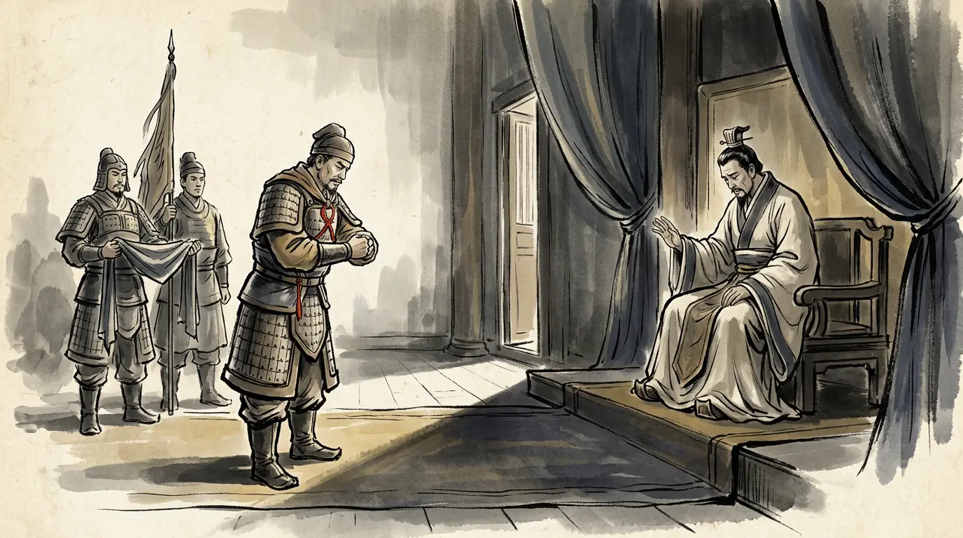Panel 12: An officer came back from the front with the news that ended the argument. The emperor asked whether the rebels had stopped when they heard that Cuo was dead. He said: no — and then told the emperor what the killing had actually done.
