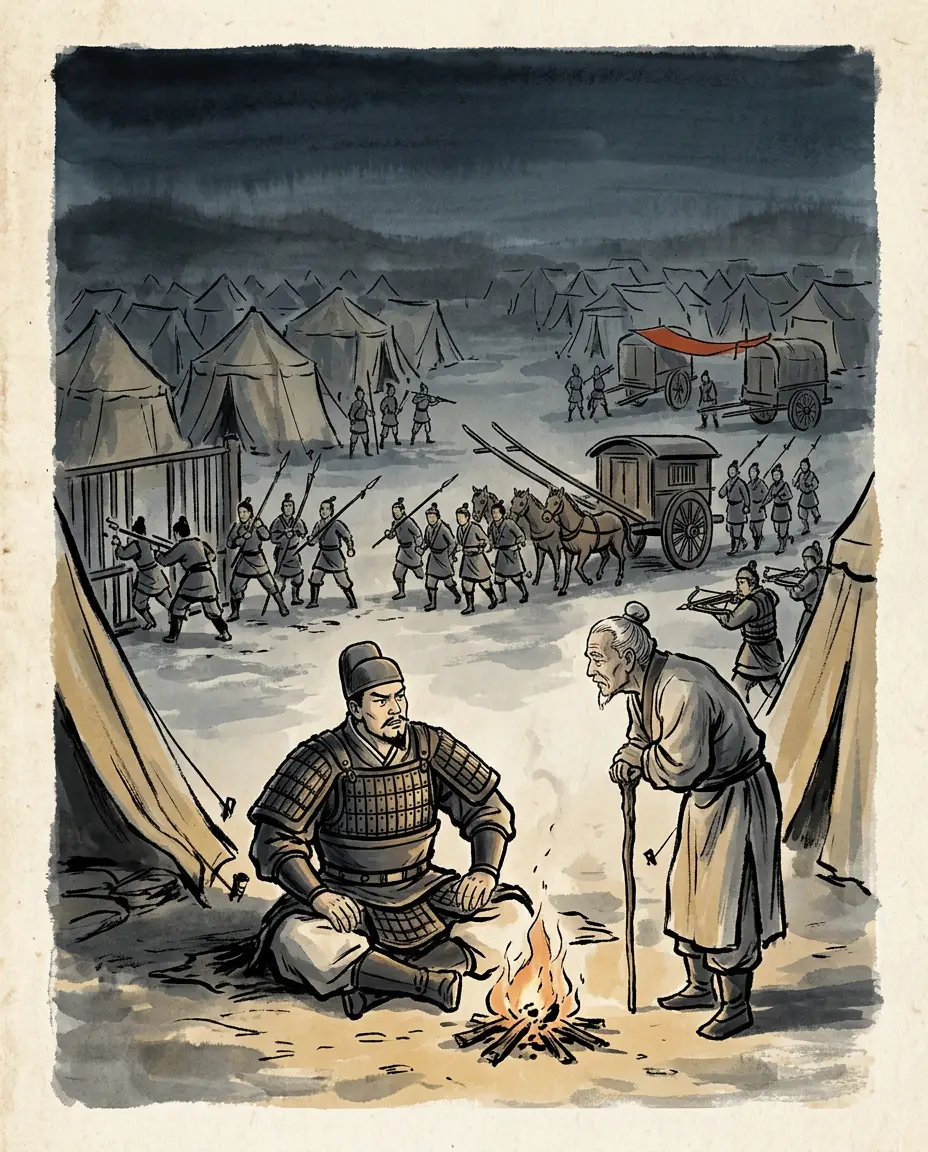 Panel 13: He went out in a fast courier carriage, changed the road on the way because the enemy was rich and had long kept hirelings, and stopped at Luoyang to look for one famous fighting man. Finding him at home, he said, was half the campaign.