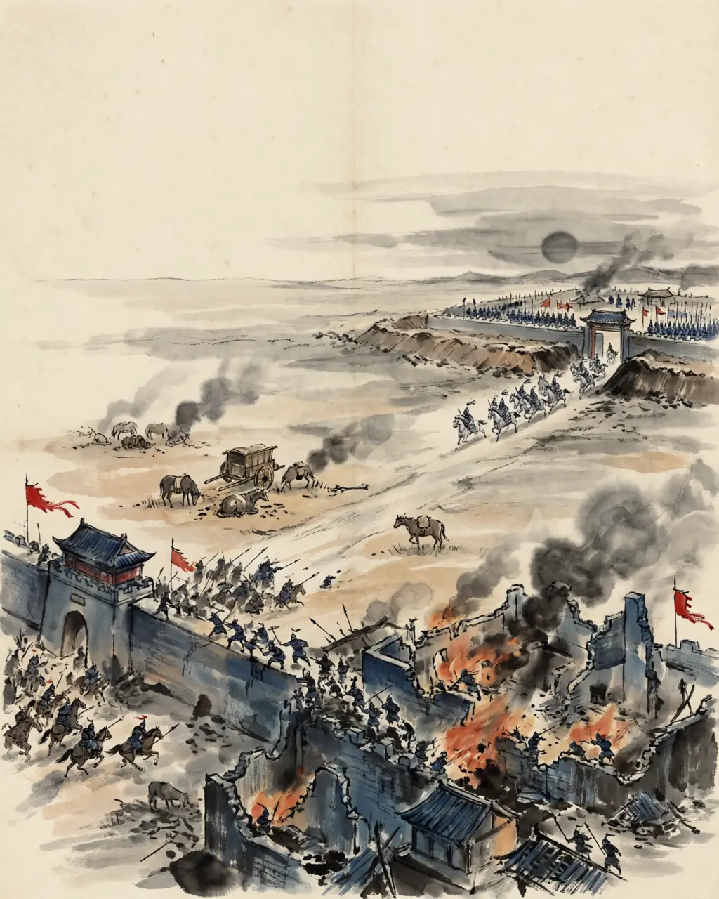 Panel 14: The fief Yafu had promised to the rebels was the empire's richest, and its king was the emperor's own full brother and the empress dowager's favourite. His appeals arrived every day; then the emperor's order to relieve him arrived too. Yafu did not take the edict, sent light cavalry to seal off the grain road instead, and stayed where he was.