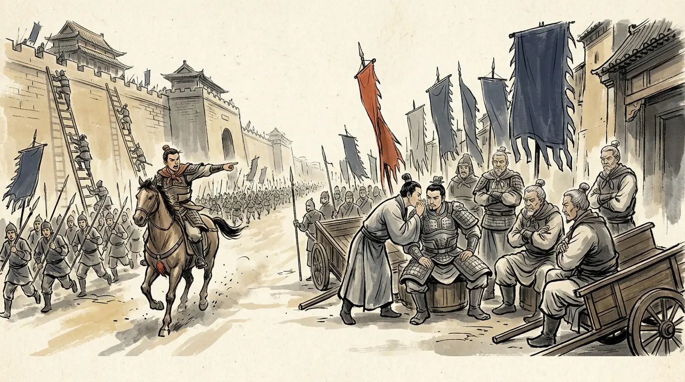 Panel 15: The rebel side had two good plans and refused both. A general asked for fifty thousand to march up the rivers and come at the Wu Pass from behind, and was refused because the king would not put troops under anyone but his own family. Then a junior officer told him to stop taking towns and ride for the armoury and the granary.