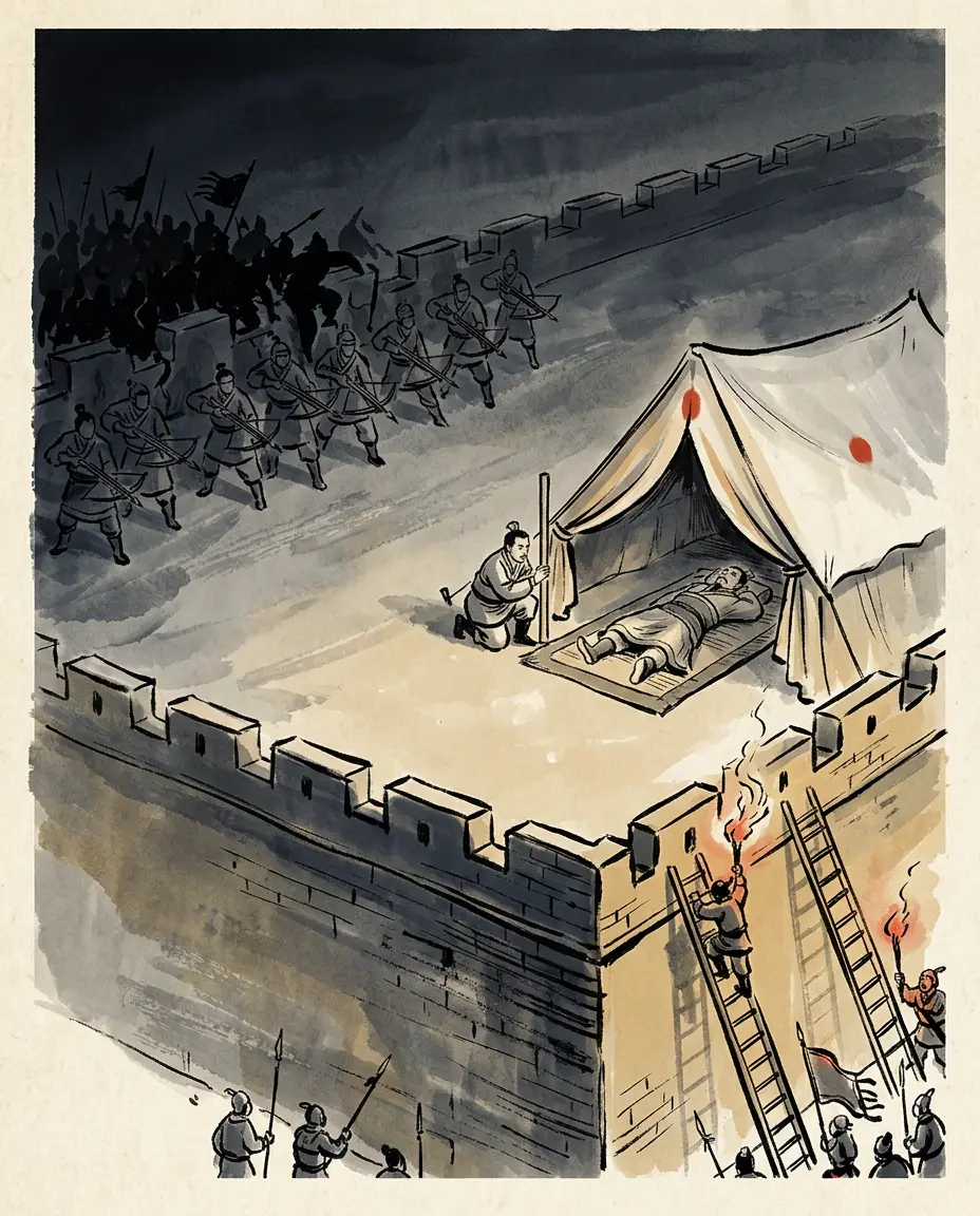 Panel 16: At last the rebels came to the wall of the camp that had let them starve, and challenged for a battle every day. Nothing came out. At night a panic broke inside the Han camp, men ran on each other as far as the commander's own tent; he lay there and did not get up, and it steadied.