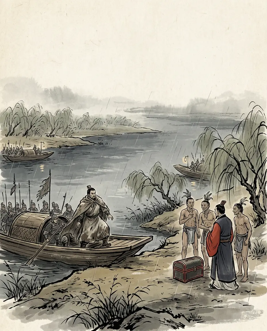 Panel 17: The king of Wu rode out of his camp at night with his strong men and went south over the river to Dantu, and took refuge with the Yue of the east, who had perhaps ten thousand men of their own. The empire announced a price of a thousand catties of gold for the king's head and told those Yue what it would pay.