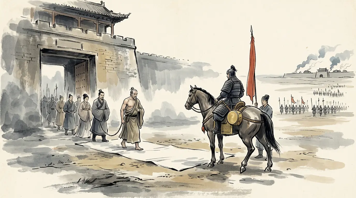 Panel 18: The last king gave himself up bare-shouldered, sitting on straw and drinking water, and told the Han commander that Cuo's death had ended it and his army had gone home. The answer came from the son of the man who had handed over Mayi a generation before, and it was about a tally: you had no tiger tally and no order, and by that you show killing the minister was never what you wanted.
