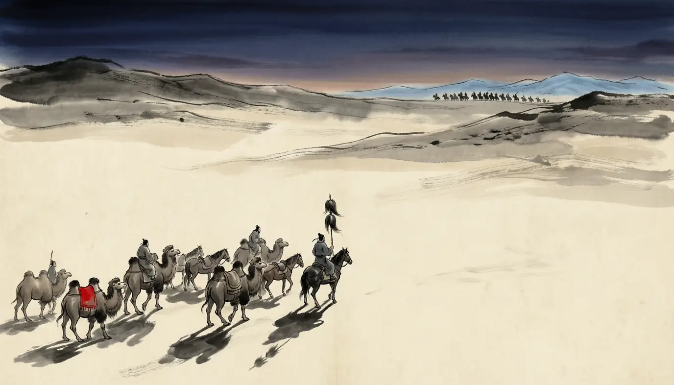 A small party of riders and pack animals crossing a wide dune sea at the foot of a low mountain range, one man in the centre holding upright a long staff with three bundled tufts at its head, the morning light flat and pale, deep indigo ridges on the far horizon and no wall, no camp and no road anywhere in the frame