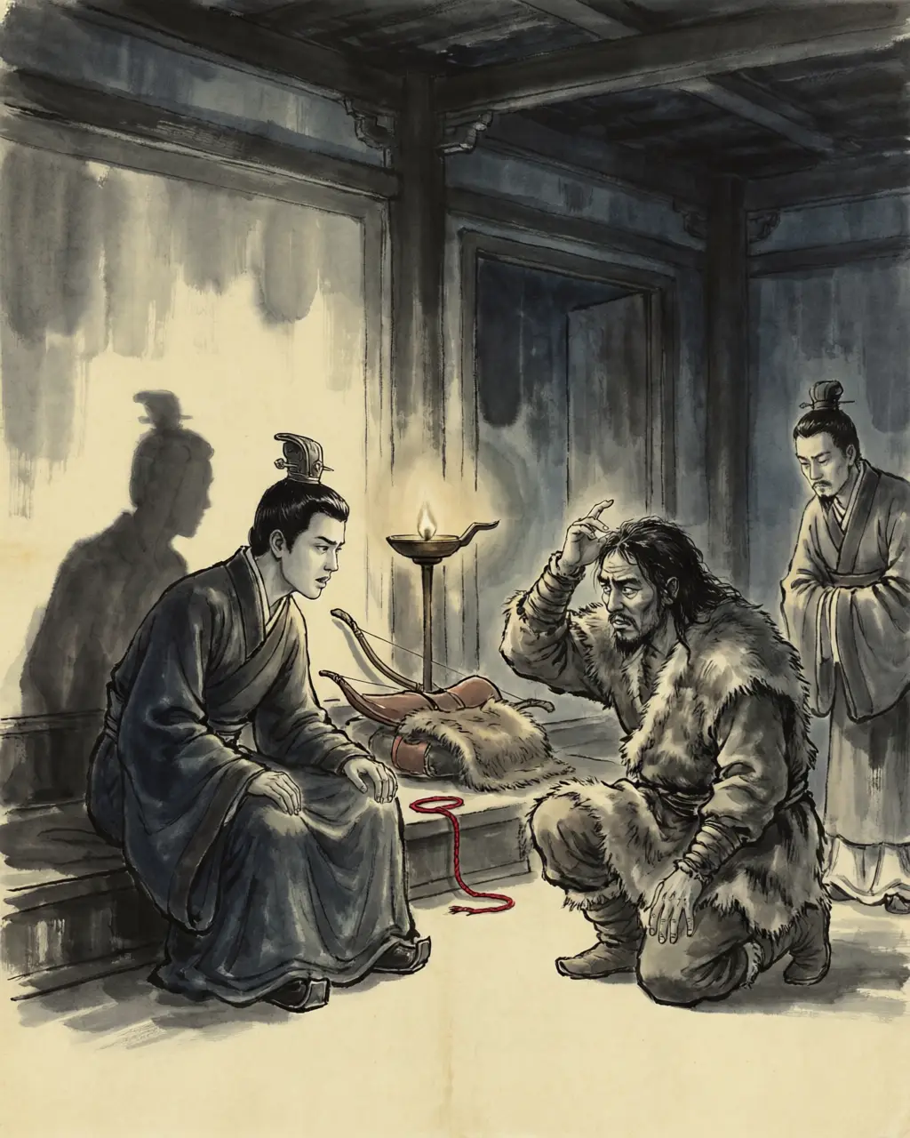 Panel 02: It started with a question asked of prisoners. Defectors from the Xiongnu told the young emperor that the Yuezhi's king had been killed and his head made into a drinking cup, and that the people who were left still wanted revenge and had nobody to do it with.