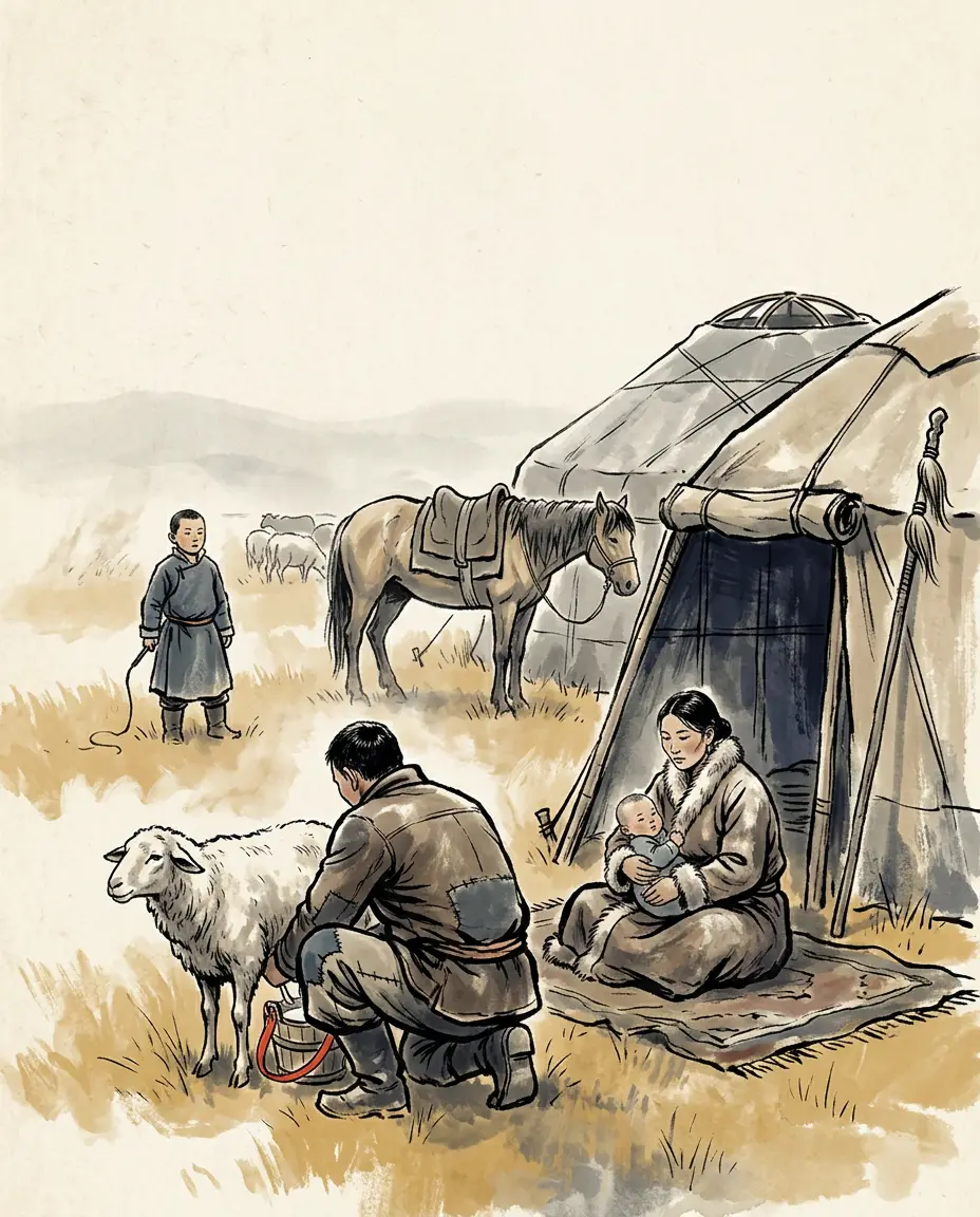 Panel 04: Ten-odd years in the steppe, growing familiar. His captors stopped watching him closely, and he went — not back the way he had come, but on, west, for what the record measures as tens of days of riding.