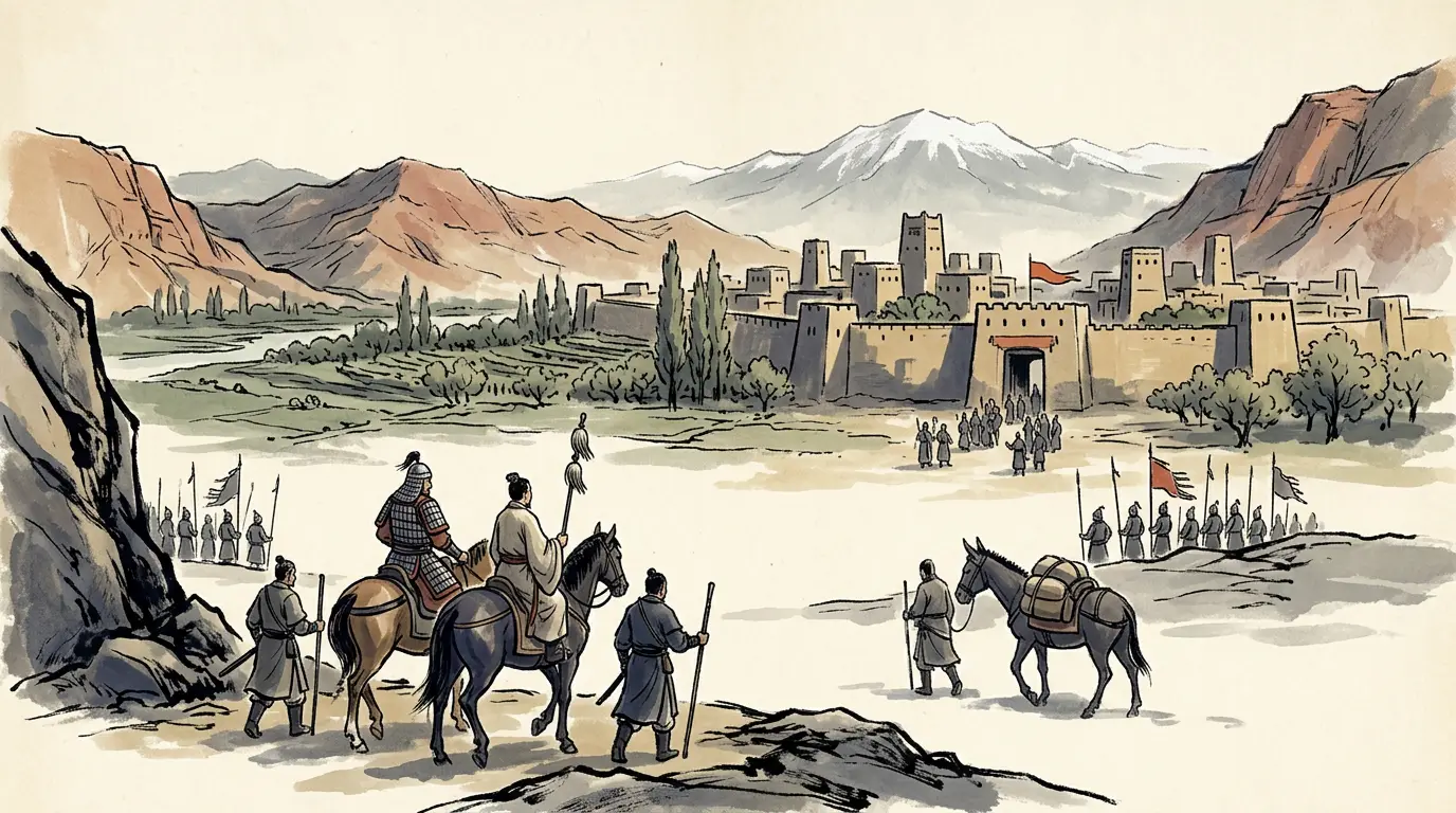 Panel 05: Ferghana had wanted the Han's goods and had never managed to reach them. It asked one question — where are you trying to get to — and then provided what the Han could not: guides and interpreters, and a hand-off to the next kingdom, and the next.