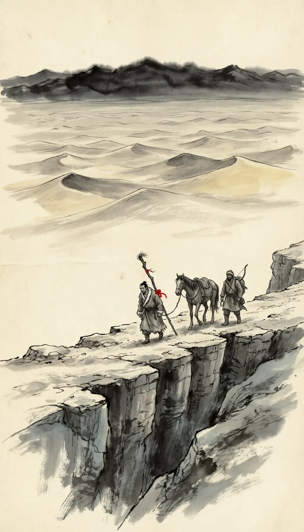 Panel 07: He took the long way home along the edge of the Tibetan plateau, through the Qiang pastures, to avoid the Xiongnu. The Xiongnu were there. A year or so later there was a succession war in the steppe empire, and he rode out of it with his wife and his guide — out of more than a hundred men who had left, and after thirteen years, two came back.