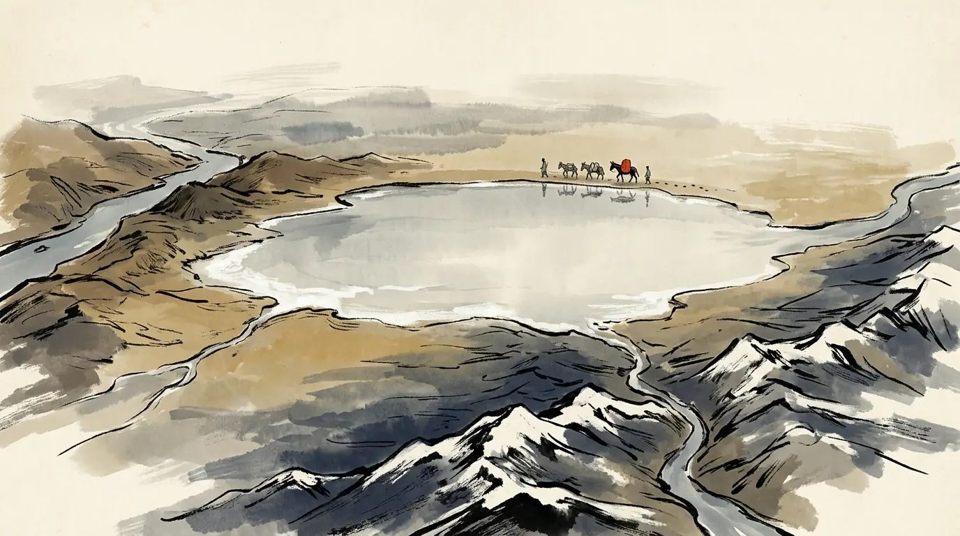 Panel 09: He also brought back a theory of the continent: west of Khotan every river runs into the west sea, east of it every river runs into the salt marsh; the marsh has no inlet and no outlet, so it goes underground — and comes up south of it as the Yellow River.