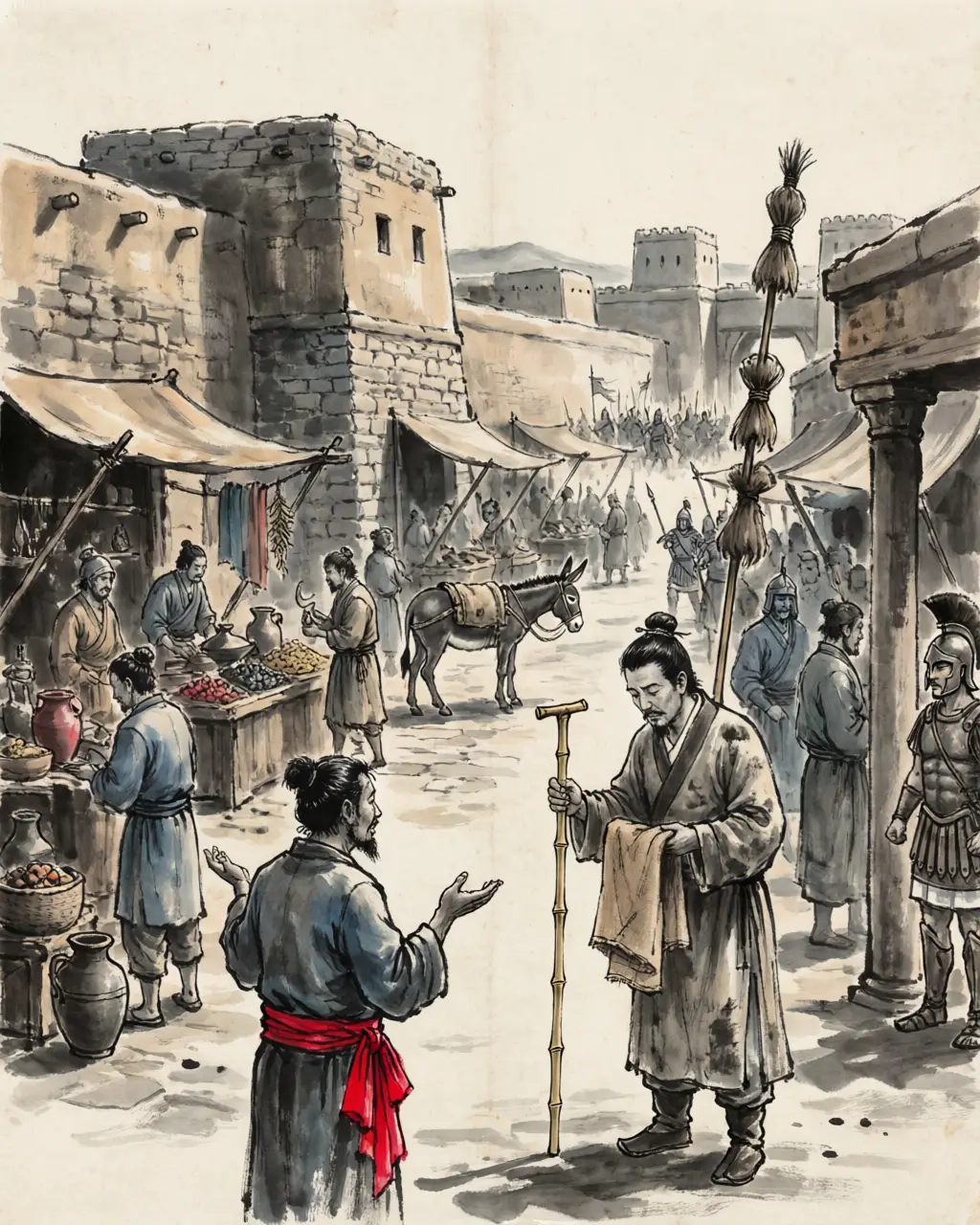 Panel 10: The best discovery in Bactria was not on his inventory. In a market on the Oxus he saw a walking-staff of Qiong bamboo and cloth of Shu, and asked where they got them — and the answer, some traders bring it from the south-east, told the emperor something no scout had: there was a way to India out of the empire's own south-west, and nobody had walked it.