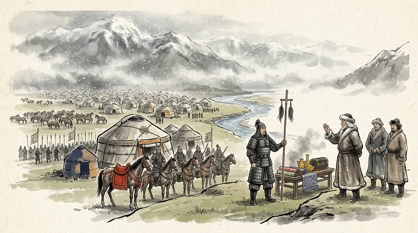 Panel 11: He lost his marquisate for arriving late with a relief column and was back in the ranks as a common man. What he sold the emperor next was the plan that had always been the point: buy the horse-lords of the Ili valley, settle them on the ground the Xiongnu had just lost, and cut off the steppe empire's right arm.