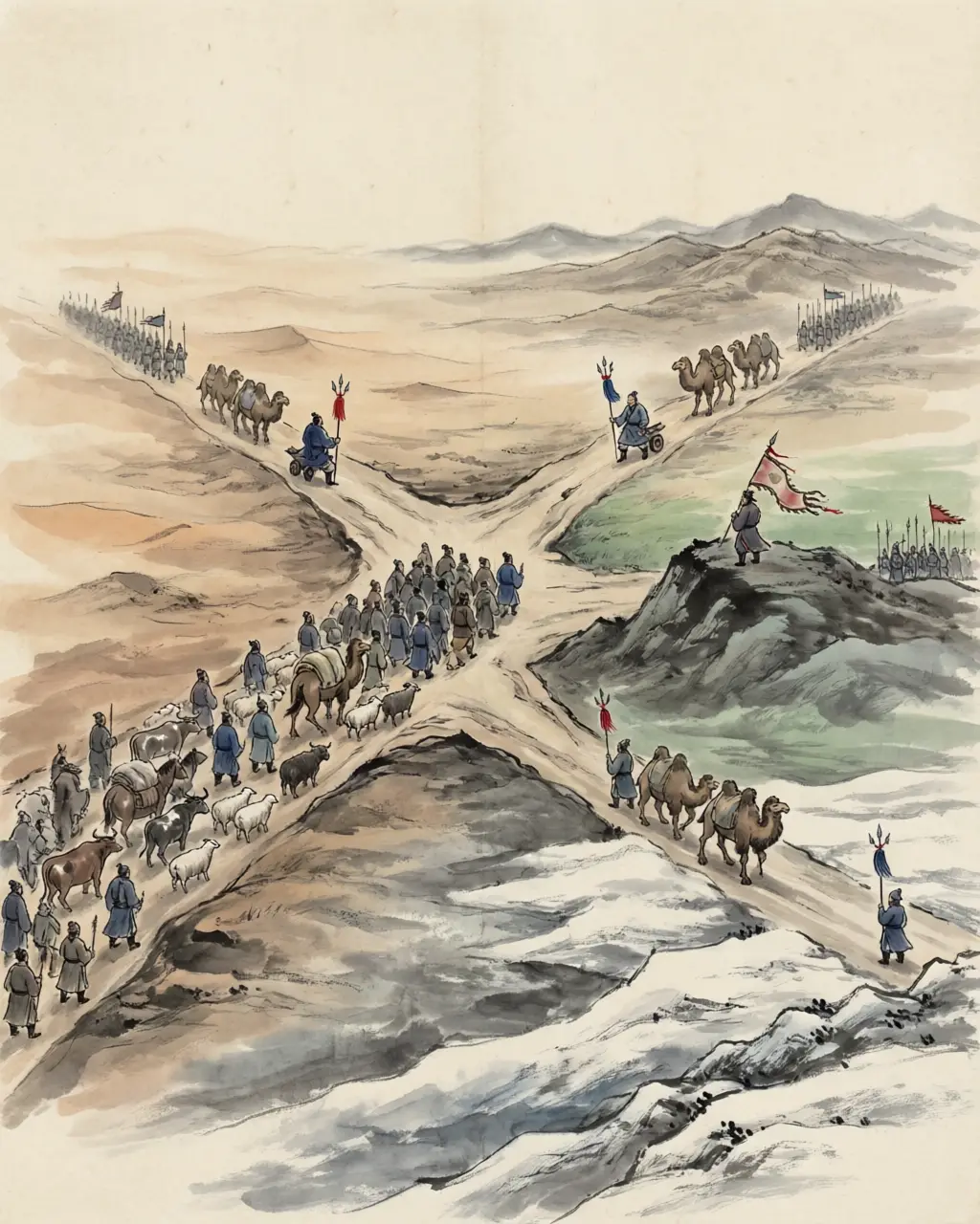 Panel 12: The failure was made to work anyway. He sent his deputies out from the Ili valley in every direction at once — Ferghana, Kangju, the Yuezhi, Bactria, Parthia, India, Khotan — and after a year or so they came back with their counterparts, and the west began to answer to Chang'an.