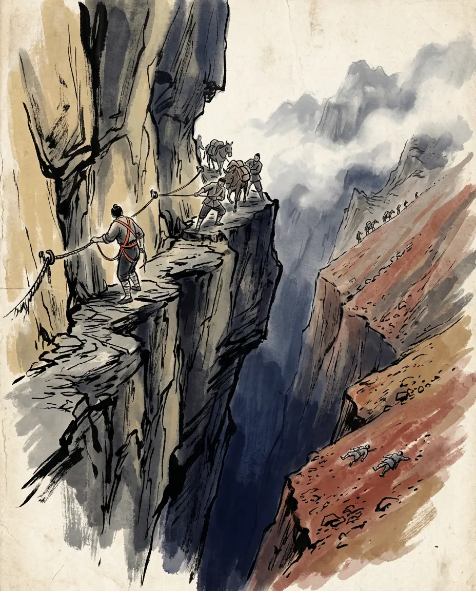 Panel 14: Half of the road was written off by the men who had to walk it. There is a pass in the Karakoram where the way is a foot and a half or more wide for thirty li over a drop with no bottom in sight, and men and beasts pulled across on ropes.