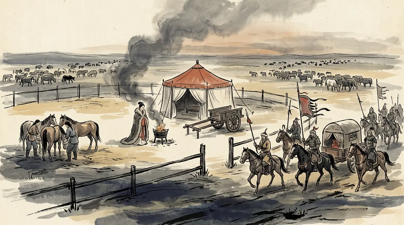 Panel 15: The steppe empire had its own western administration, and the Han's whole design was aimed at it: a Xiongnu prince of the western circuit with his own commandant of bond-servants, resident among the city-states, counting and taxing them. That office is what the horse-buying was for.