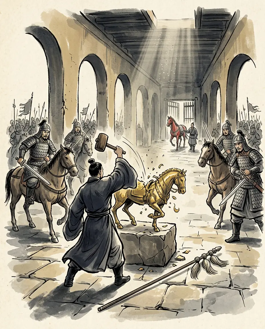 Panel 16: Ferghana did its own arithmetic about the Han and got it nearly right. Its advisers counted the deaths on the road and concluded that an army could not come; so they kept the horses the emperor wanted, and when the envoy in a rage smashed the golden horse he had brought as an offer, a noble of the court let him go — and had him killed on the road out.