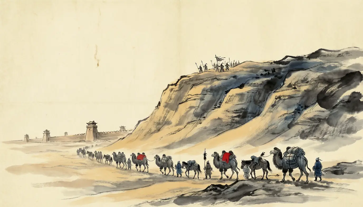 Panel 18: The road was not a road; it was a way of going, held open by an army and a treasury and closed again twice before the dynasty ended. Everything in the histories about it is measured in envoys, grains of tribute and men who did not come back.