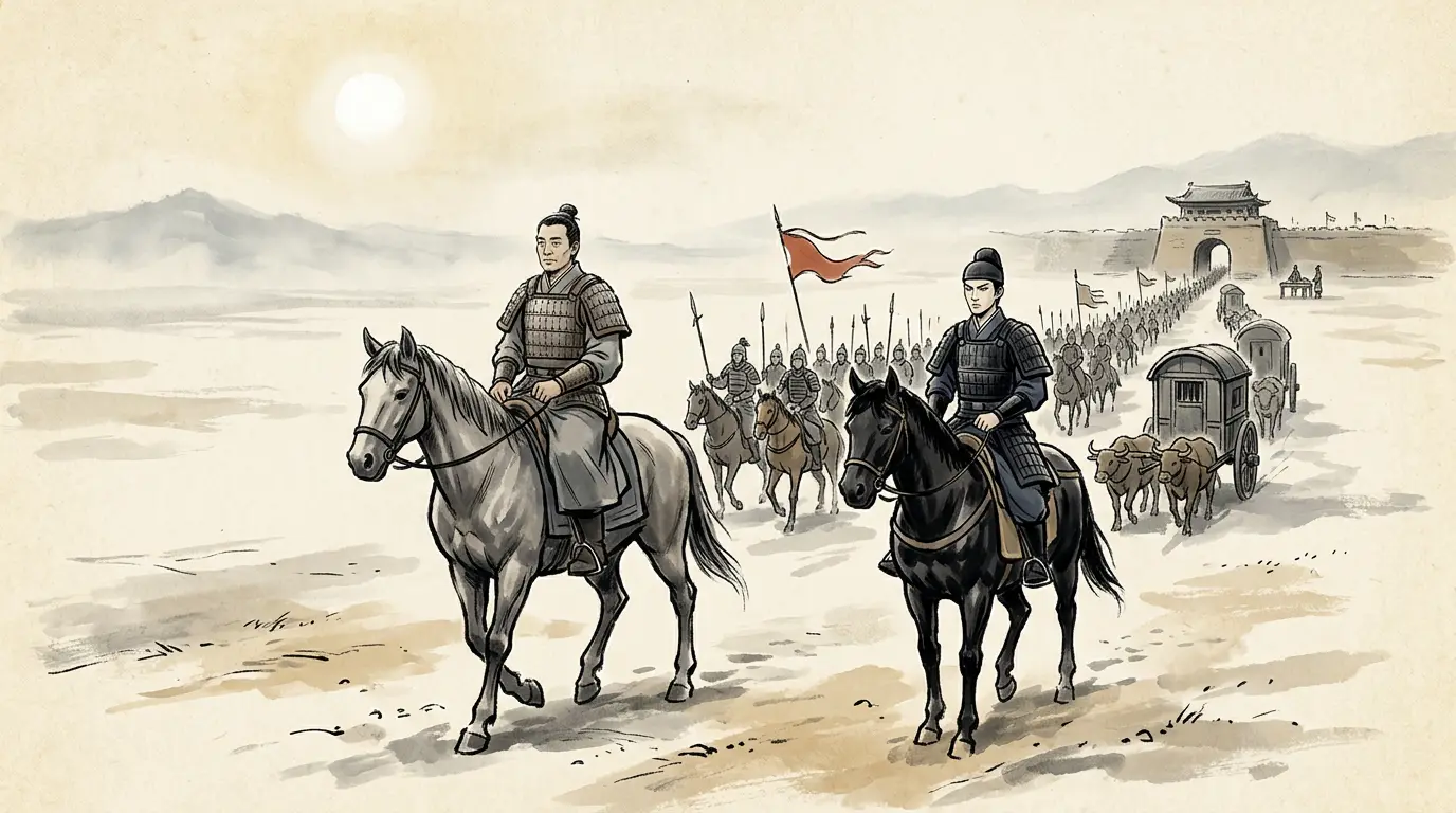 Two columns of Han horse and armoured waggons riding north into a flat desert horizon under a blown sand, a Xiongnu camp retreating far behind them, 119 BCE