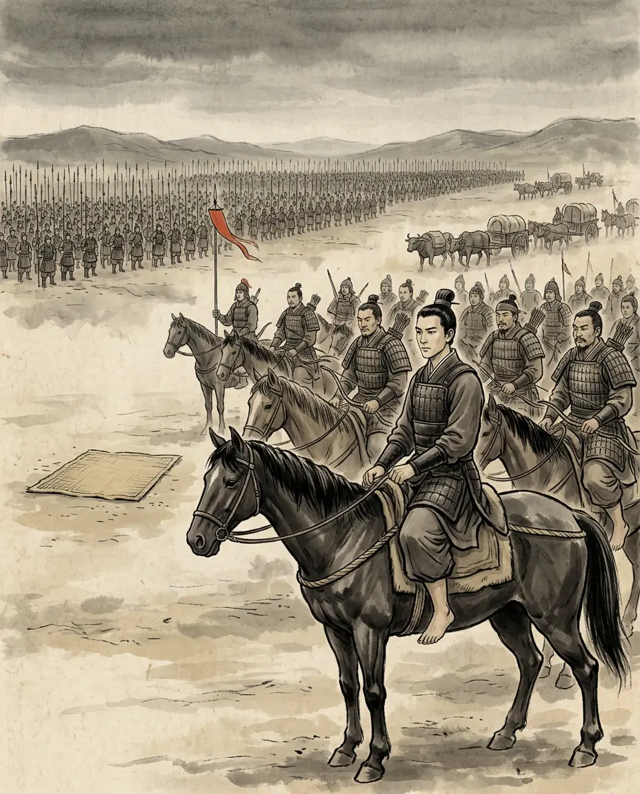 Panel 02: The order of battle comes in one flat sentence. Fifty thousand horse apiece, and infantry detailed to carry and follow at the army's heels in hundreds of thousands. The men known for fighting deep were all put in one command — the younger one.