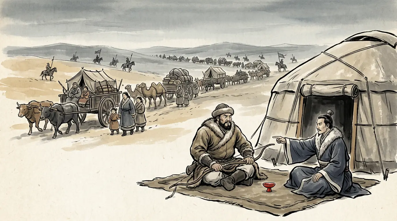 Panel 03: Both sides of this campaign were thinking with the same man's arithmetic. Zhao Xin had been a Xiongnu lieutenant-king who surrendered to the Han, was made a marquis, and went over to the Chanyu in 123. He had spent the interval explaining the steppe to the Han court, and now he was explaining the Han to the steppe.