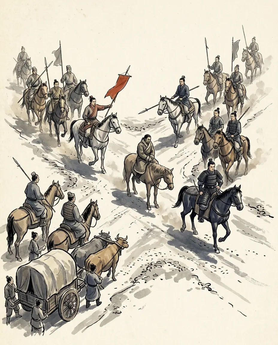 Panel 04: The Brilliant Rider had been assigned the Dingxiang road, the one that met the Chanyu head-on. Then prisoners said the Chanyu was in the east, and the two columns traded circuits in the field.