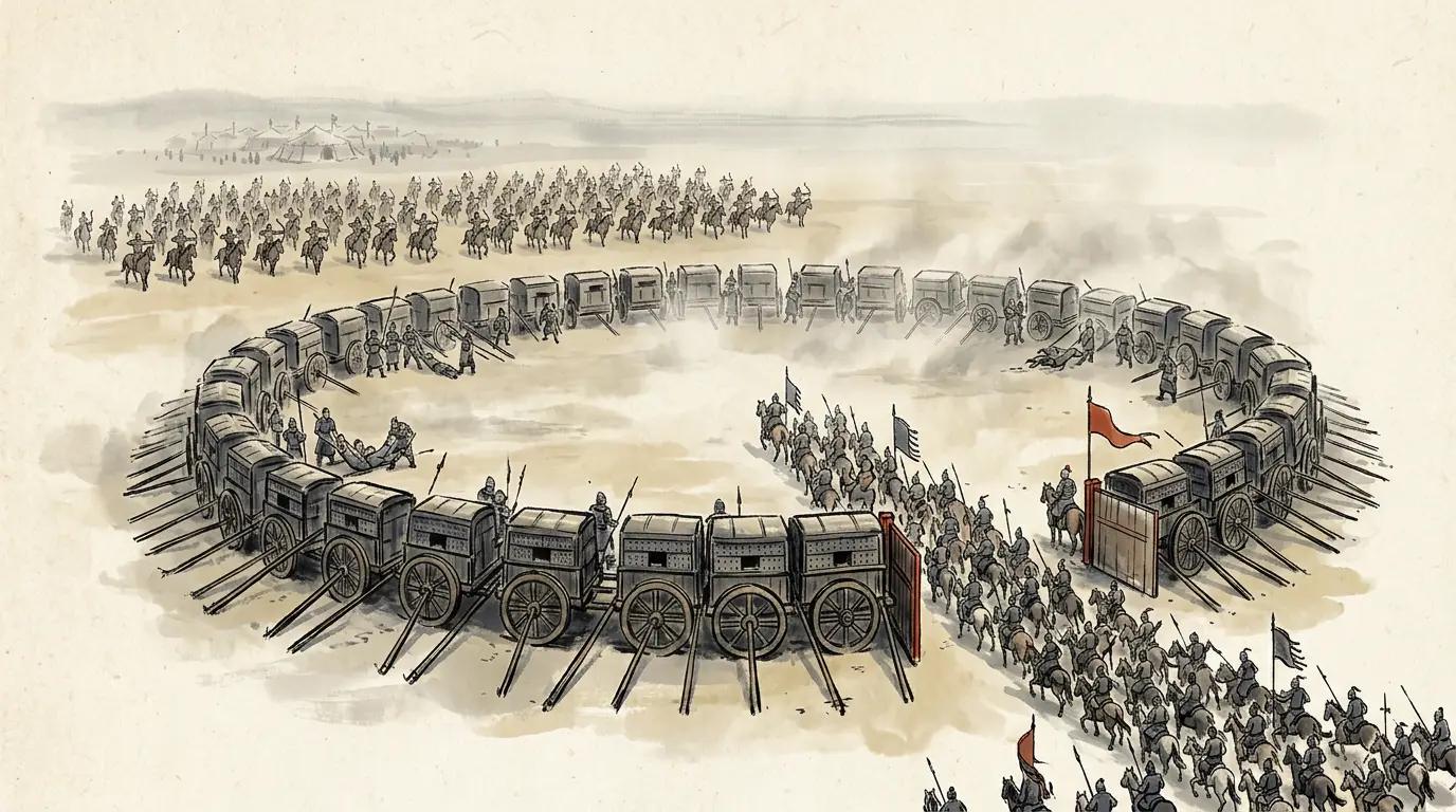 Panel 05: Wei Qing rode a thousand li past the frontier and found the Xiongnu already drawn up and waiting for him. He locked his train into a ring of armoured waggons, sent five thousand horse out through the gate to meet them, and the Chanyu put about ten thousand of his own against them.