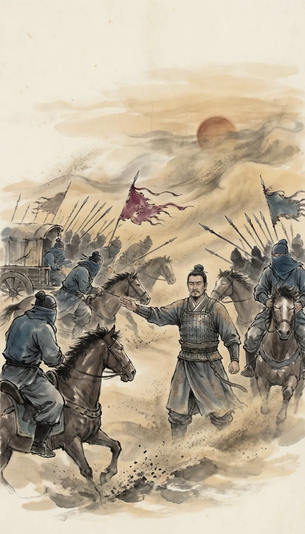 Panel 06: The sun was going down when the wind came: sand and gravel struck men in the face, and neither army could see the other. Into that, Wei Qing loosed more horse on his left and right wings to close round the Chanyu.