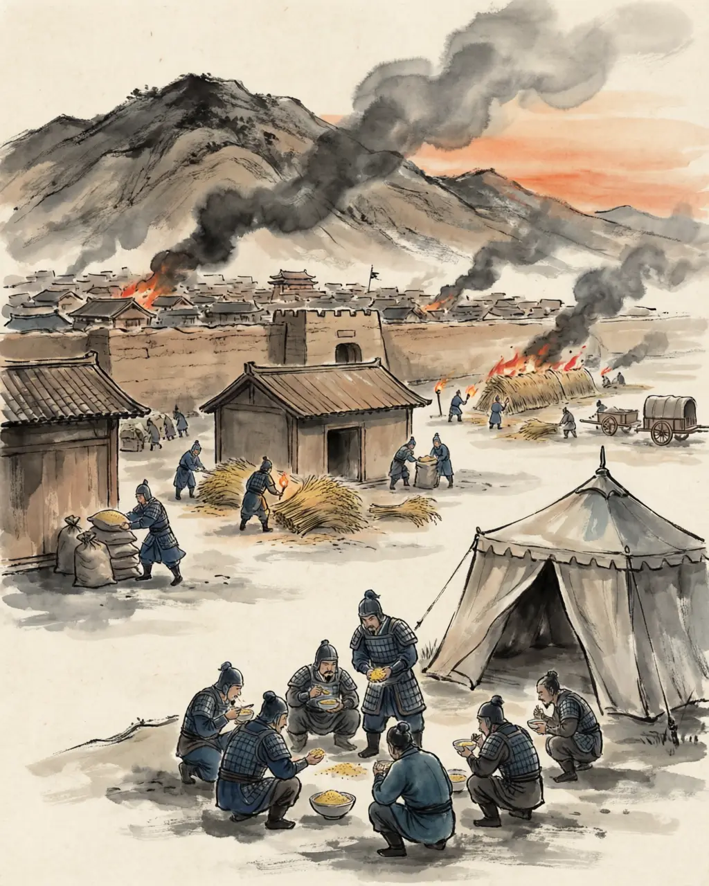 Panel 07: The escape was not discovered until first light, and by then the pursuit had ridden out at night and two hundred li by day, and had missed him. They did not catch the Chanyu. They caught his grain: at Zhao Xin's city on the Tianyan mountains the army found the Xiongnu's stored millet, fed on it, stayed a day, and burnt all the rest of it on the way home.