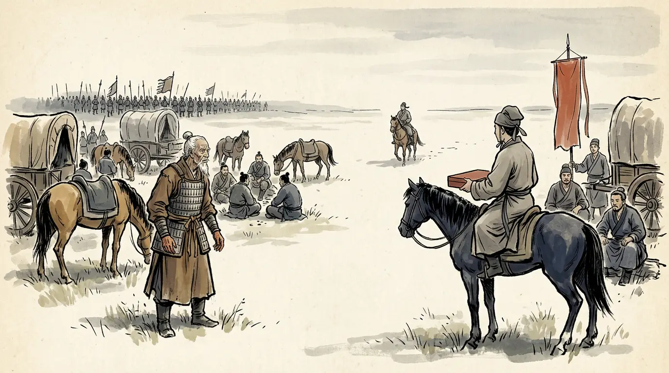 Panel 08: Two of Wei Qing's column commanders never reached the battle at all. Forward and Right General marched east together with no guide, lost the road, and arrived after the Chanyu had gone. Then a clerk came riding to the Forward General's camp with a document.