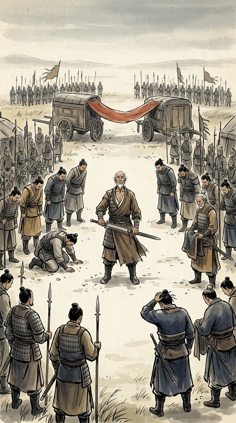 Panel 09: The Forward General refused to answer questions in writing. He told his men that the colonels were guiltless and that he himself had lost the way, and that he would go up to the accounting on his own; then he drew his sword and killed himself in front of his army. His whole army wept; and the people of the empire, who knew him and who did not, old and young, wept at the news of it.