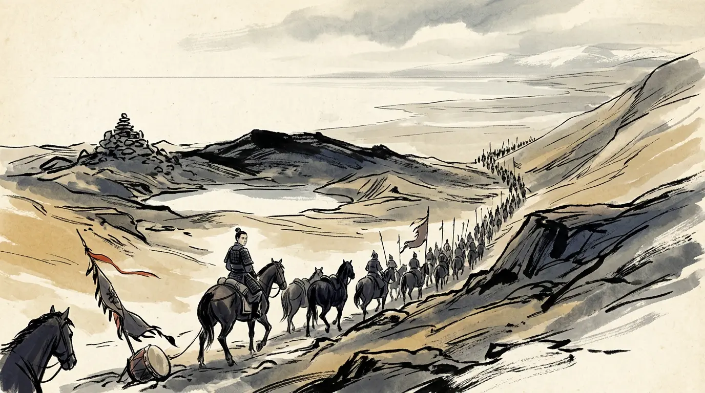 Panel 10: While that was happening on the eastern road, the other army had gone further. Huo Qubing came out of Dai and Right Beiping, struck the Xiongnu left wing, and drove north past the desert: the Zhangqu, the Gouwu, the mountains, and the sea.