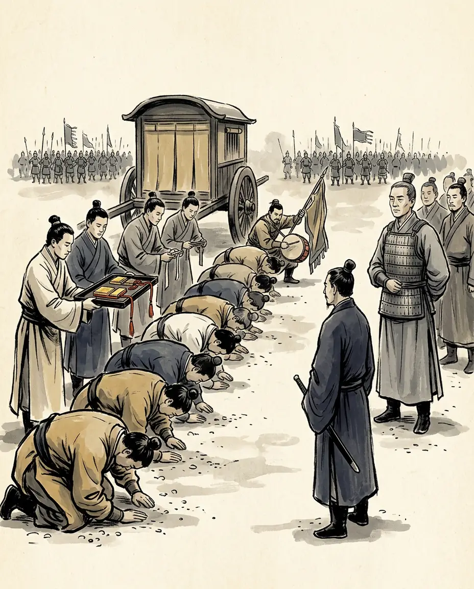 Panel 11: The verdict of the merits came out in households and in names. Huo Qubing was given five thousand eight hundred more; four of his officers were enfeoffed on the spot, two more had their fiefs increased, and a colonel who had carried off a drum and a banner was made a Marquis Within the Passes with two hundred households. The General-in-Chief received no increase, and nobody in his army was enfeoffed at all.