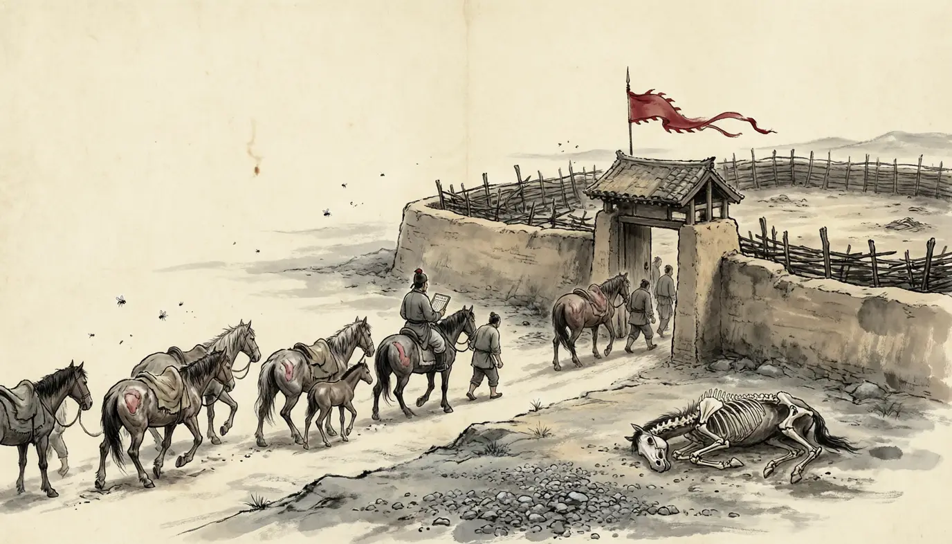 Panel 12: And here is the number the histories keep for the campaign itself, in the same chapter and within a paragraph of the triumph. Both armies went out of the passes: the official and private horses counted at the gate were a hundred and forty thousand. The ones that came back in were fewer than thirty thousand.
