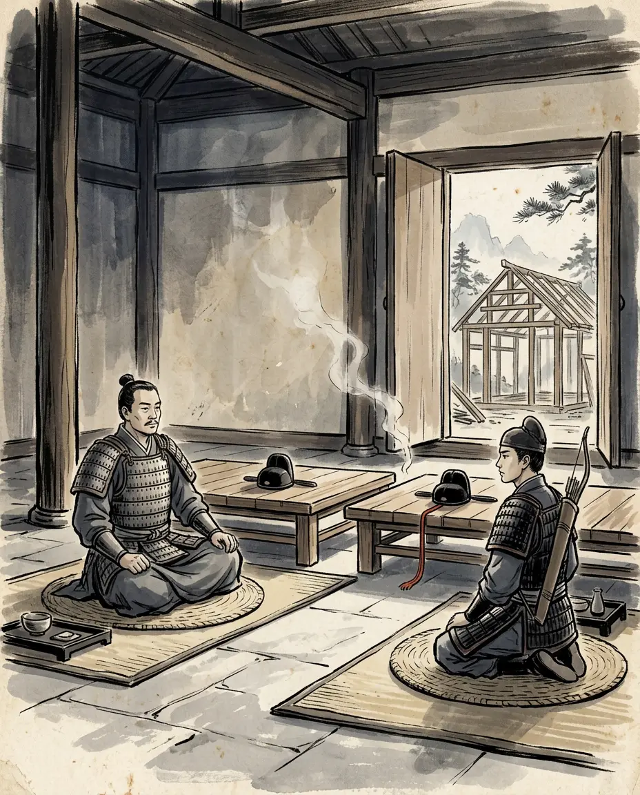 Panel 13: The answer to two unbeatable generals was to invent an office big enough for both. A Grand Marshal seat was added above the regular hierarchy, and Wei Qing and Huo Qubing were both put into it; and the younger man's rank and stipend were fixed as equal to the elder's.