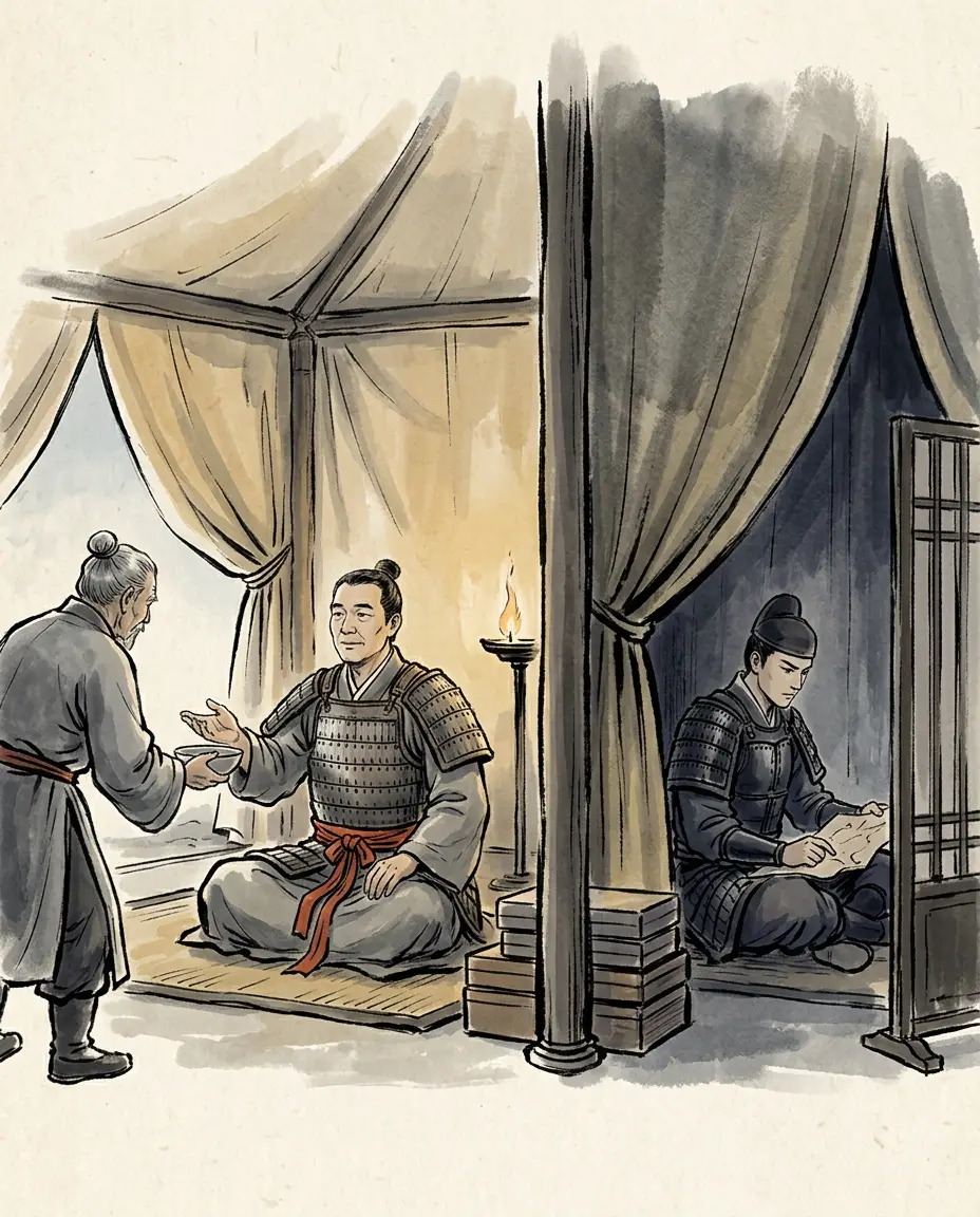 Panel 14: The historian's judgment on the pair is short, and it flatters neither of them. The younger was secret, unapproachable, and never let a word out to anyone outside the army; the elder was kindly, gave way, and won the emperor by his softness — with no reputation in the empire for it.