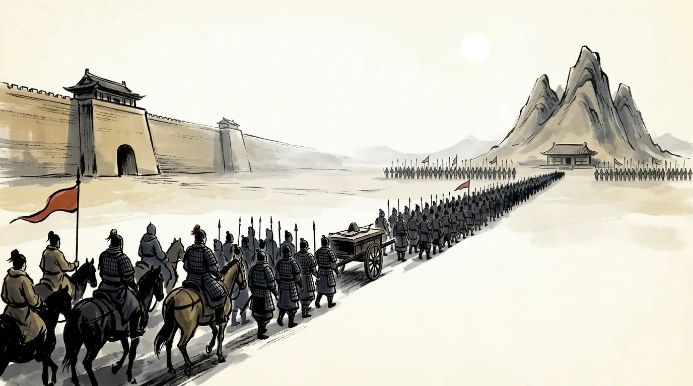 Panel 15: Three years after this campaign, in 117, Huo Qubing died. The emperor put the dependent states' black-armoured troops in review, in a line from Chang'an to his own grave-park, and shaped the man's tomb as the mountains he had taken. The title combined his battles with the ground he had widened: the Illustrious and Quelling Marquis.