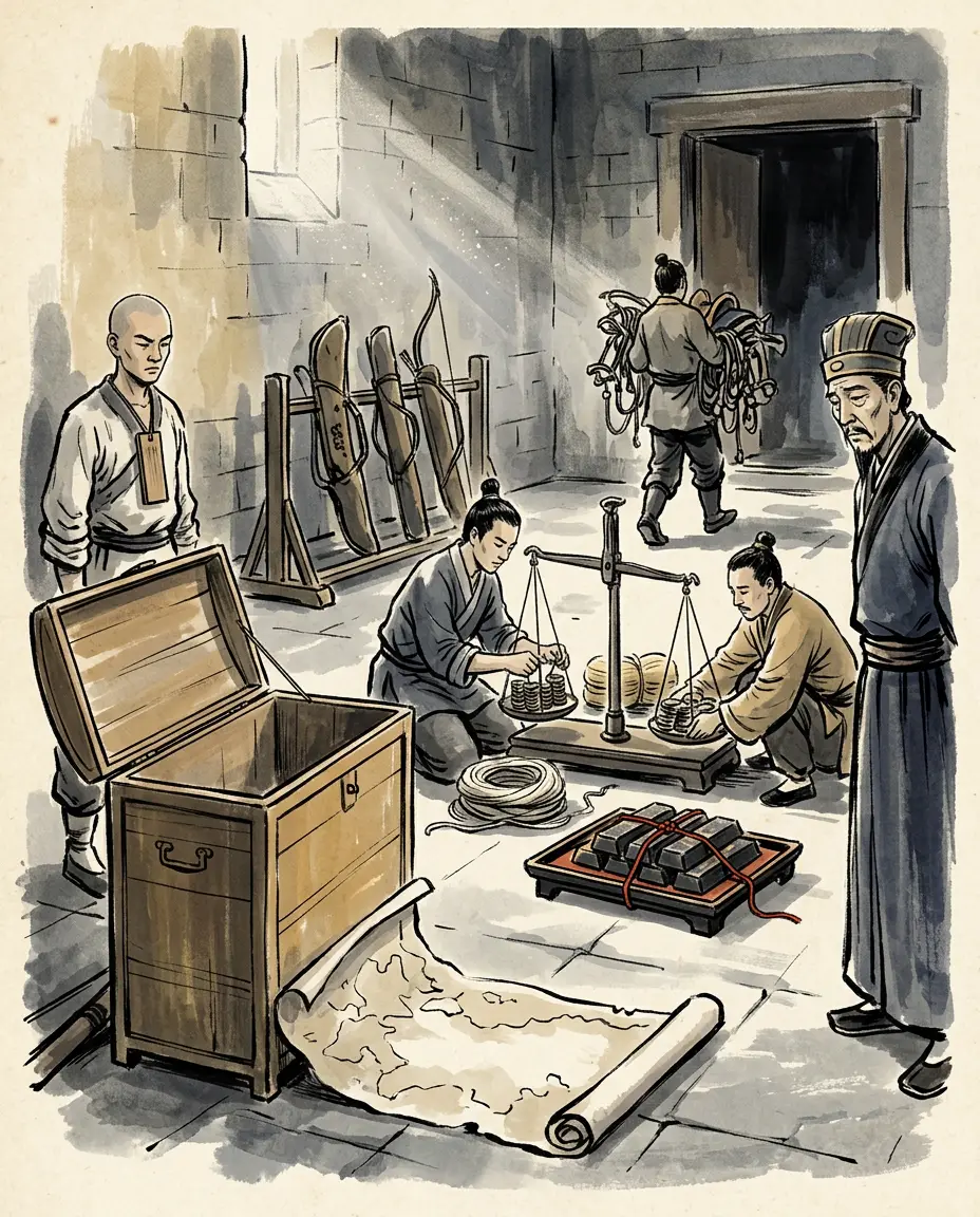 Panel 16: The money was counted in another book. A hundred and forty thousand horses, of which fewer than thirty thousand came back; five hundred thousand jin of gold in rewards and gifts in the year after the strike; and a treasury that went on inventing new ways of extracting money from the empire for the rest of the reign.